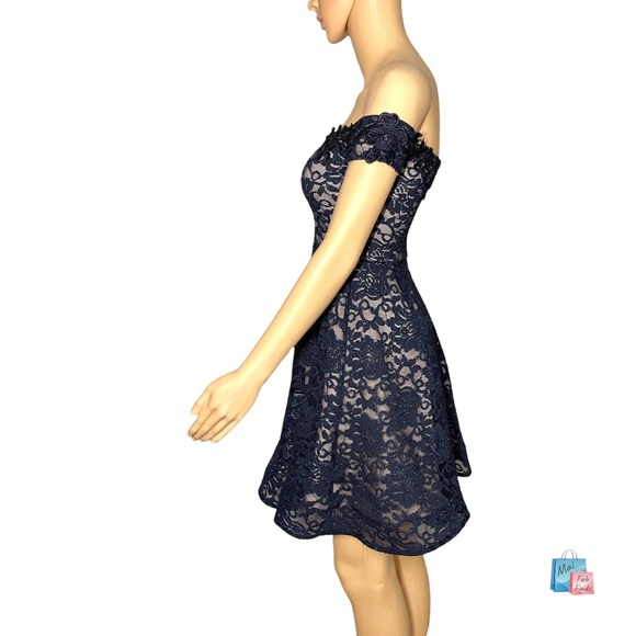 Sequin Hearts Off the Shoulder Navy Short Formal/cocktail Glitter Lace Dress 0 - Picture 3 of 9